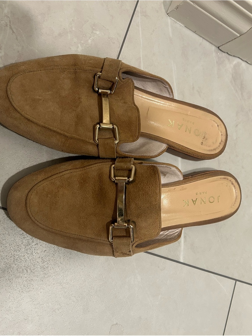 JONAK Tan Suede Slip-On Mule with Gold Buckle